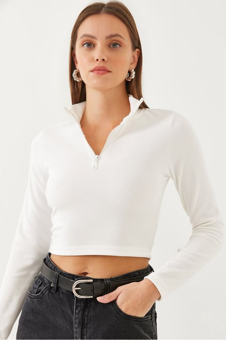 Ripp Longsleeve Crop-Bluse mit Reißverschlusskragen - Image 1