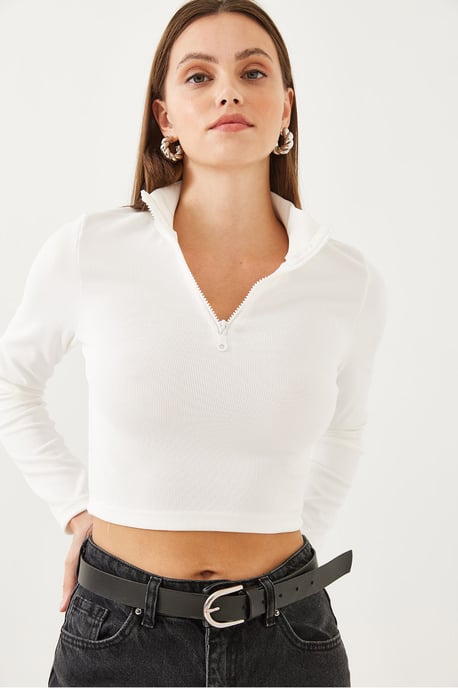 Ripp Longsleeve Crop-Bluse mit Reißverschlusskragen - Image 2