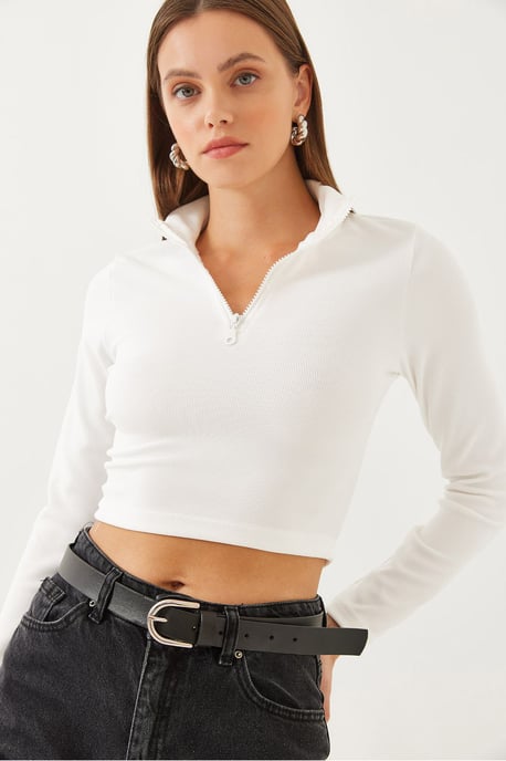Ripp Longsleeve Crop-Bluse mit Reißverschlusskragen - Image 3