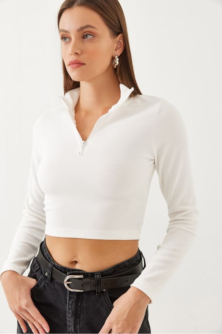 Ripp Longsleeve Crop-Bluse mit Reißverschlusskragen - Image 4