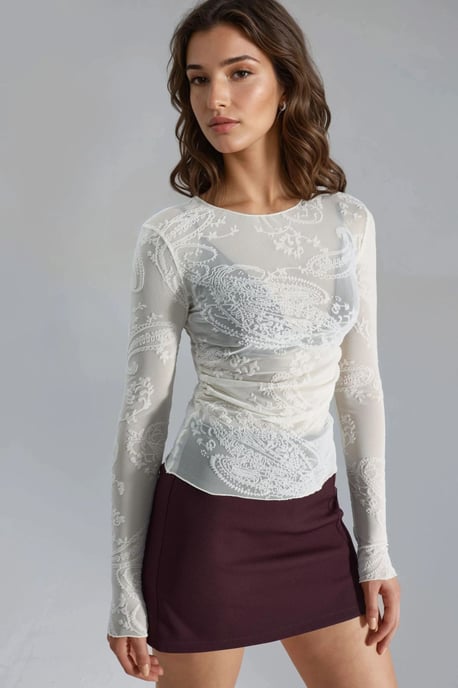 Taillierte Langarm-Top aus Tüll mit Flockdruck - Image 6