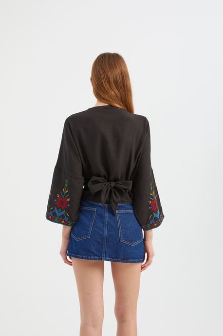 Bestickte V-Ausschnitt Langarm-Boho-Bluse - Image 4