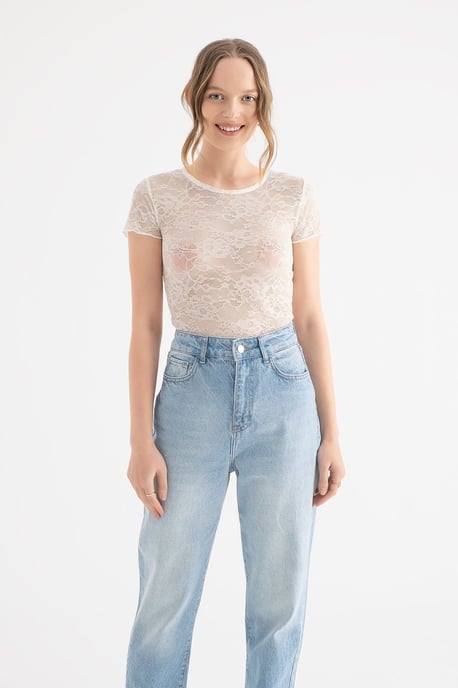 Blumen Besticktes Rundhals-Mesh-Top - Image 1