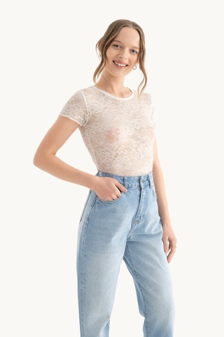Blumen Besticktes Rundhals-Mesh-Top - Image 2