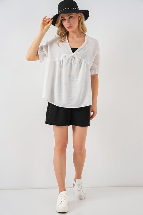 Strukturierte V-Ausschnitt-Bluse mit Schleife - Image 2