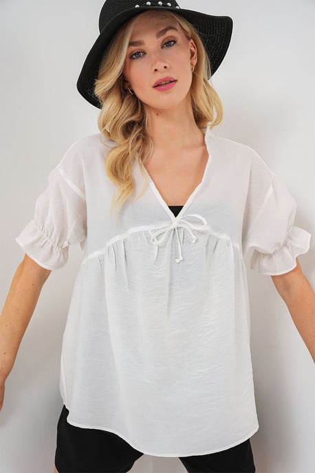 Strukturierte V-Ausschnitt-Bluse mit Schleife - Image 3