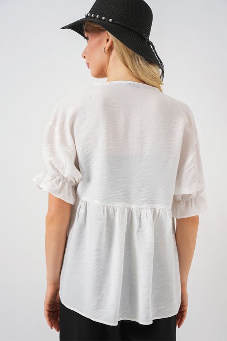 Strukturierte V-Ausschnitt-Bluse mit Schleife - Image 6