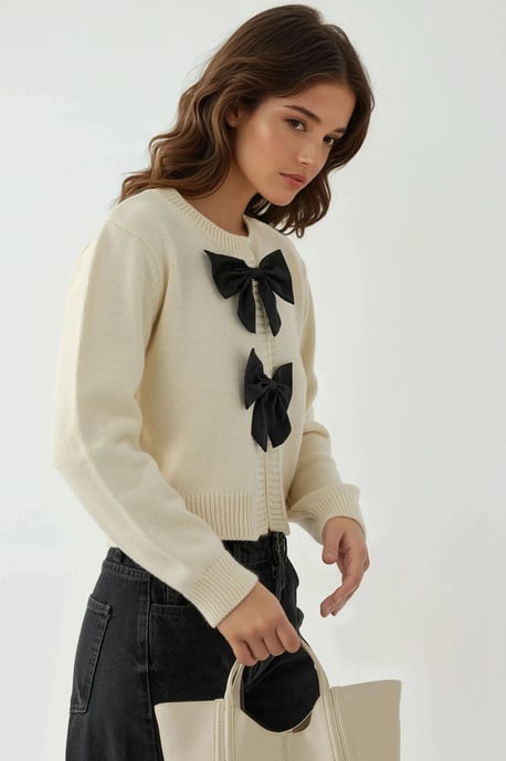 Dicker Strick-Crewneck-Cardigan mit Schleifendetail - Image 4