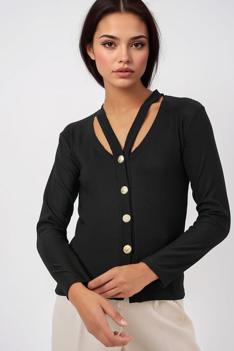 Rippstrick V-Ausschnitt Knopf-Cardigan - Image 1