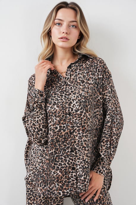 Leopardenmuster Hemd mit Knopfleiste und weite Satin-Hosen im 2-teiligen Set - Image 2