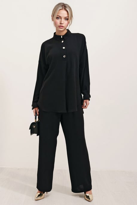Strukturierter Langarm-Button-Up-Hemd und weiter Hosenanzug - Image 4