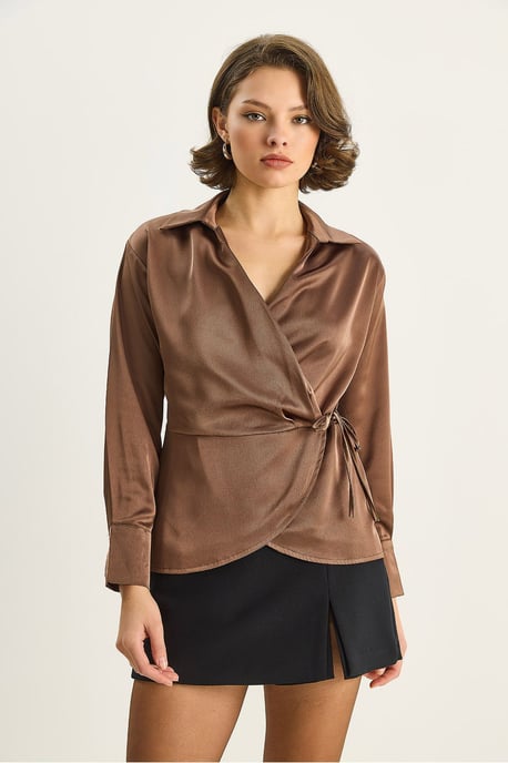 Satin V-Ausschnitt-Shirt mit Bindeband - Image 5