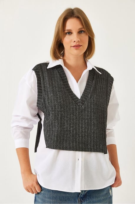 Rippstrick V-Ausschnitt Kurzpullover-Weste mit seitlichen Bindebändern - Image 2