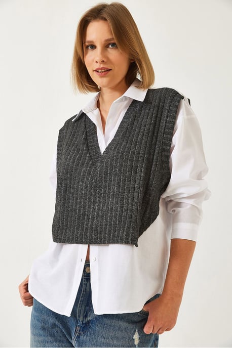 Rippstrick V-Ausschnitt Kurzpullover-Weste mit seitlichen Bindebändern - Image 3
