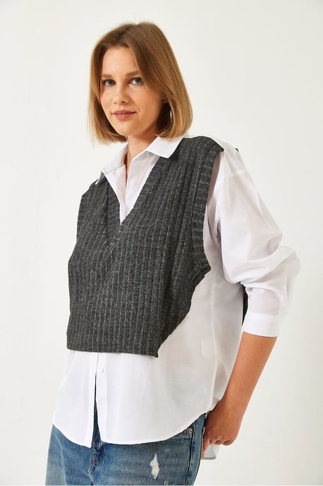 Rippstrick V-Ausschnitt Kurzpullover-Weste mit seitlichen Bindebändern - Image 4