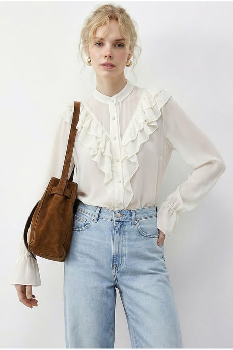 Rüschenshirt mit Mandarin-Kragen und langen Ärmeln aus Chiffon - Image 1
