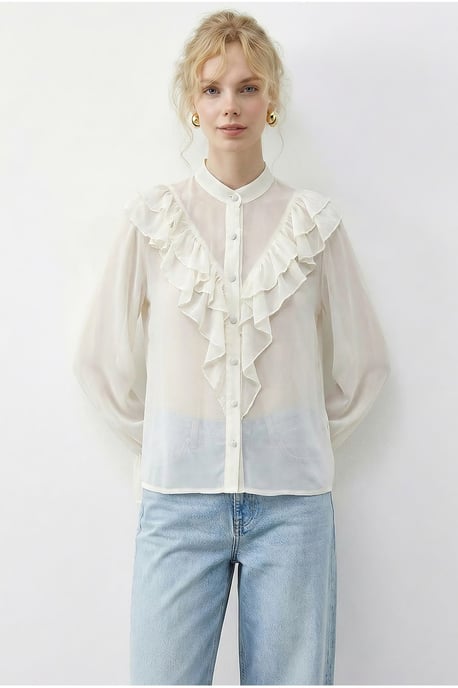 Rüschenshirt mit Mandarin-Kragen und langen Ärmeln aus Chiffon - Image 3