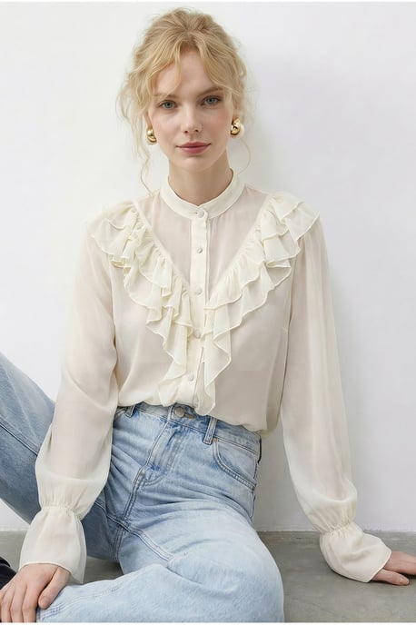 Rüschenshirt mit Mandarin-Kragen und langen Ärmeln aus Chiffon - Image 4