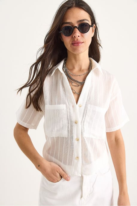 Gestreiftes, strukturiertes Cropped-Shirt mit Tasche - Image 2