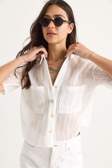 Gestreiftes, strukturiertes Cropped-Shirt mit Tasche - Image 4