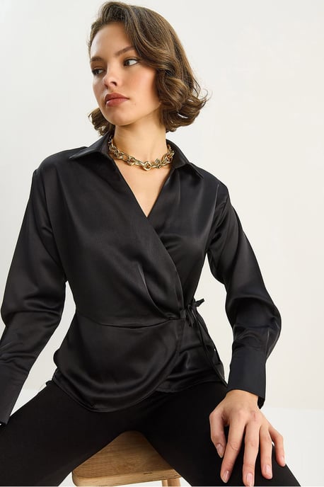 Satin V-Ausschnitt-Shirt mit Bindeband - Image 1