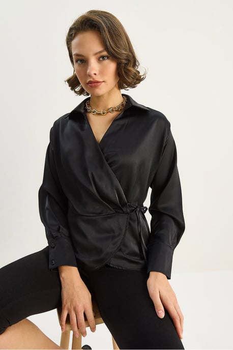 Satin V-Ausschnitt-Shirt mit Bindeband - Image 2