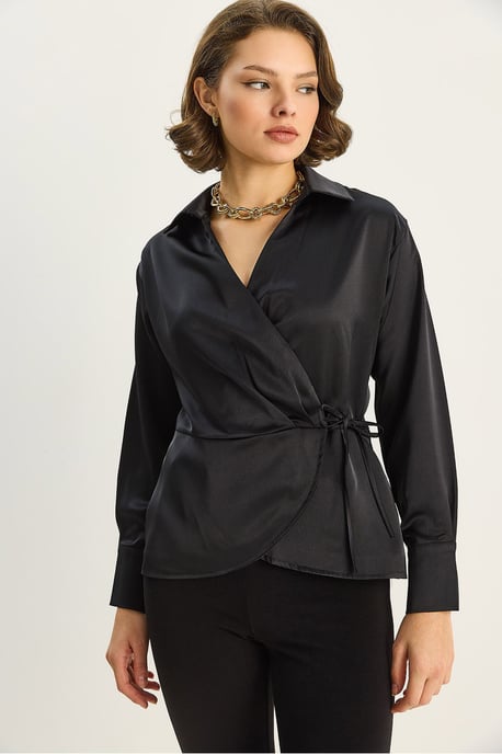 Satin V-Ausschnitt-Shirt mit Bindeband - Image 5
