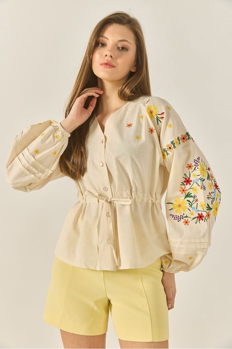 Besticktes V-Ausschnitt Baumwollshirt mit Schleife - Image 3