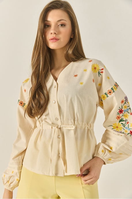 Besticktes V-Ausschnitt Baumwollshirt mit Schleife - Image 4