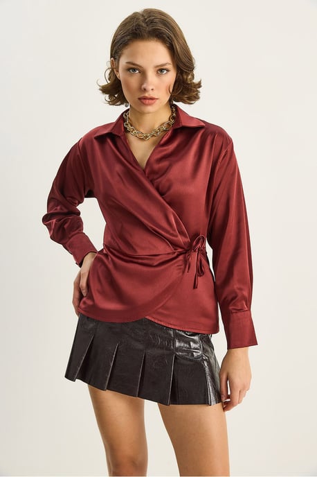 Satin V-Ausschnitt-Shirt mit Bindeband - Image 3