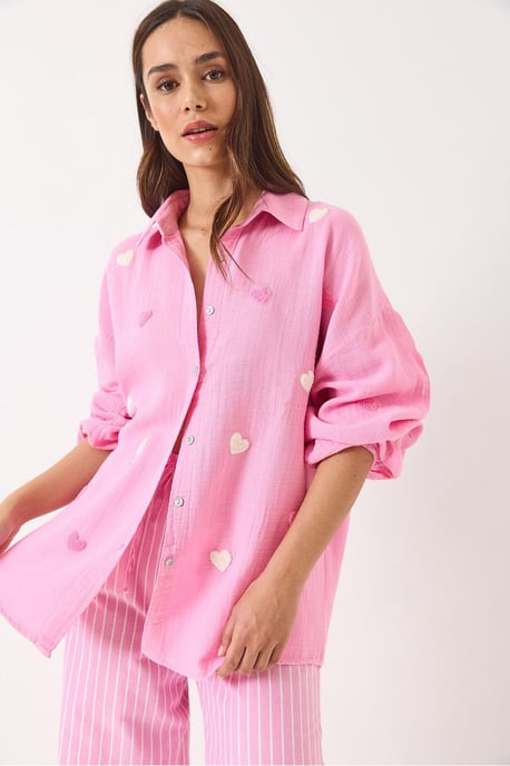 Bestickte Herzmuster Oversized Button-Up Hemd - Image 2