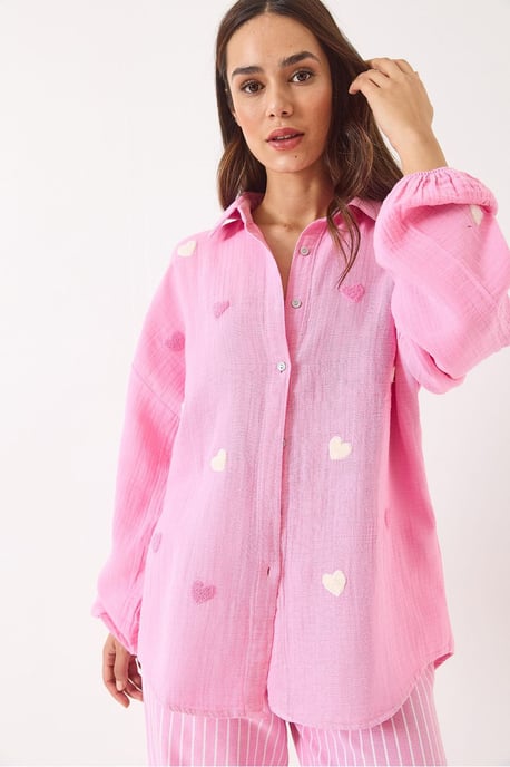 Bestickte Herzmuster Oversized Button-Up Hemd - Image 3