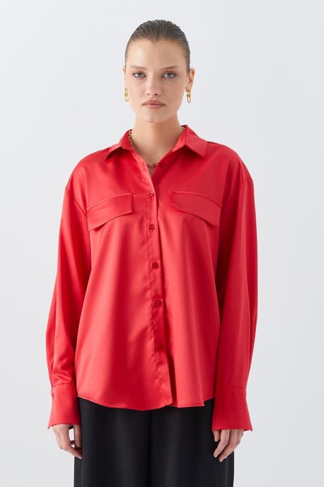 Satin-Hemd mit Knopfleiste und Taschen详情 - Image 1