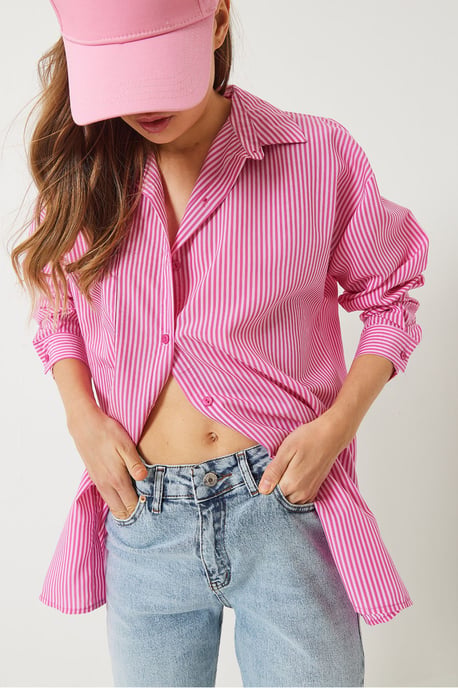 Gestreiftes Button-Up-Overshirt mit Schlitz - Image 4