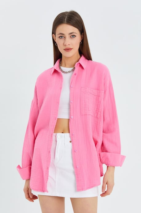 Übergrößiges Leinenmischung Button-Up Hemd mit Tasche - Image 3