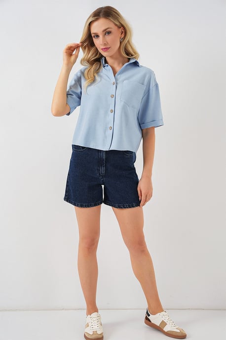 Leinenmix Kurzarm Button-Up Cropped Hemd - Image 2