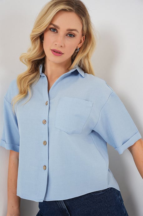 Leinenmix Kurzarm Button-Up Cropped Hemd - Image 3