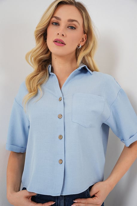 Leinenmix Kurzarm Button-Up Cropped Hemd - Image 4