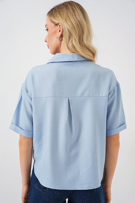 Leinenmix Kurzarm Button-Up Cropped Hemd - Image 6