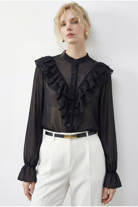 Rüschen-Mandarin-Kragen Langarm-Chiffonbluse - Image 1