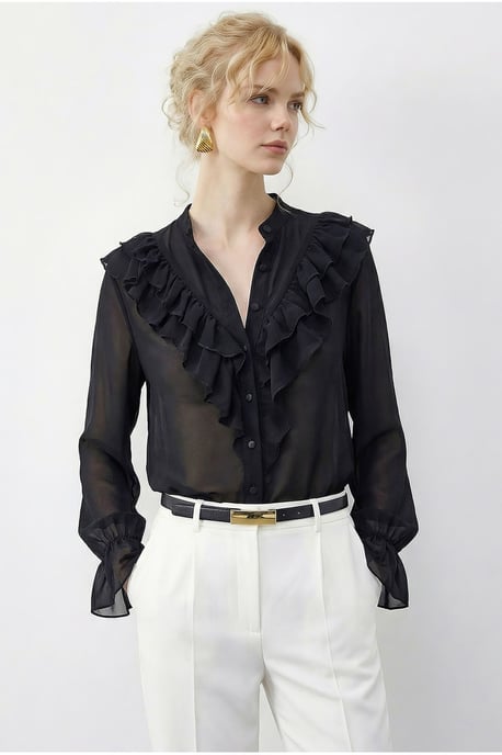Rüschen-Mandarin-Kragen Langarm-Chiffonbluse - Image 2