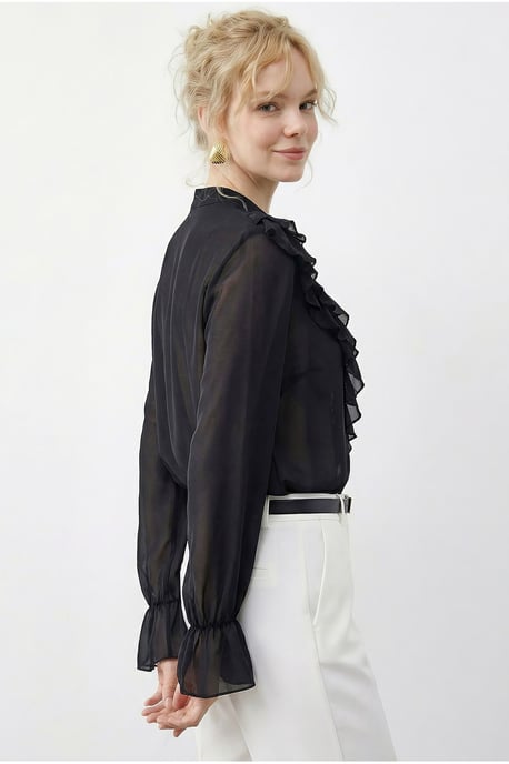 Rüschen-Mandarin-Kragen Langarm-Chiffonbluse - Image 3