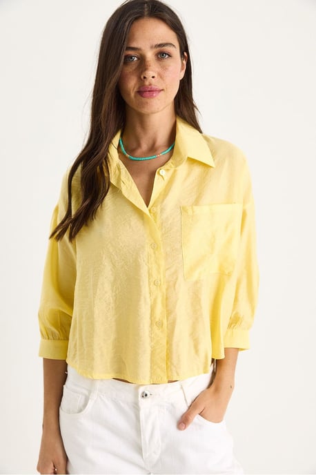 Strukturierte Crop-Bluse mit Knopfverschluss und Tasche - Image 2