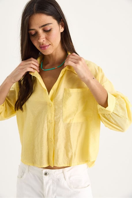 Strukturierte Crop-Bluse mit Knopfverschluss und Tasche - Image 3