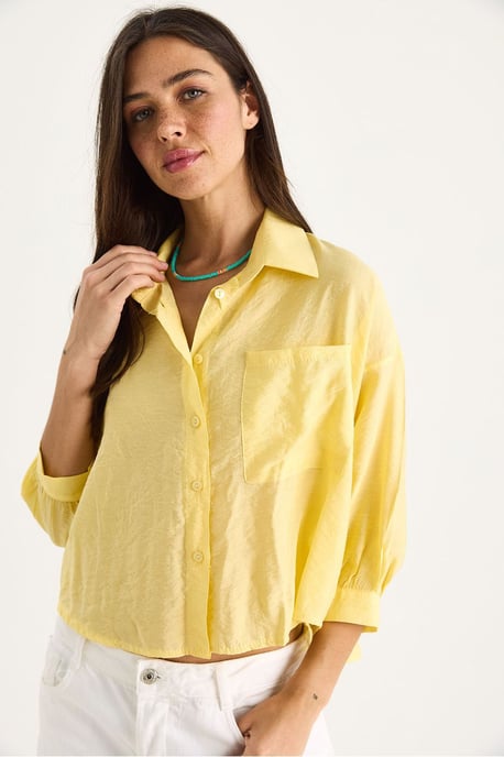 Strukturierte Crop-Bluse mit Knopfverschluss und Tasche - Image 4
