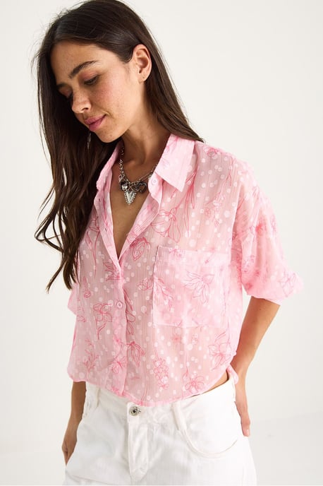 Blumen-Jacquard Kurzarm Hemd mit Knopfleiste und Tasche - Image 3