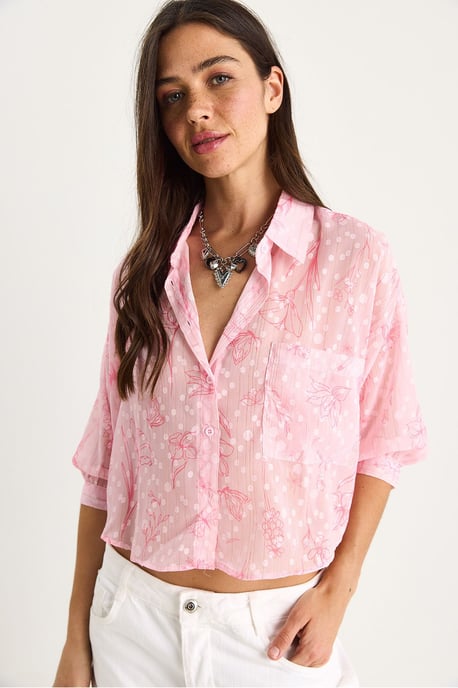 Blumen-Jacquard Kurzarm Hemd mit Knopfleiste und Tasche - Image 4