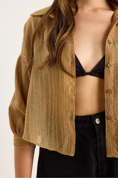 Texturierte gestreifte Cropped-Bluse mit Knopfverschluss und Tasche - Image 6