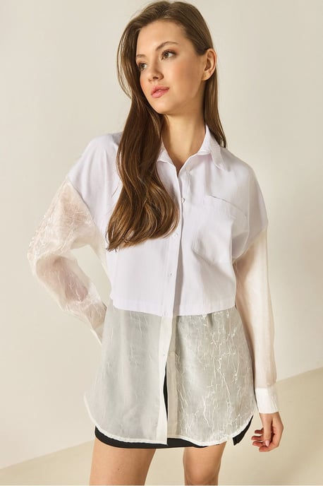 Übergroßes Langarm-Organza-Shirt mit Knopfverschluss - Image 1