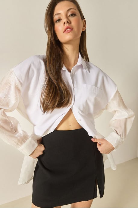Übergroßes Langarm-Organza-Shirt mit Knopfverschluss - Image 4
